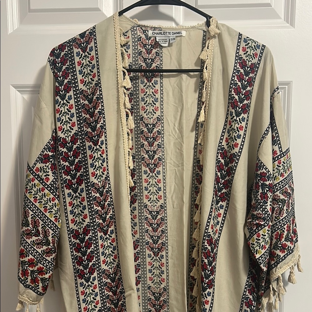 Charlotte Daniel Long Floral Kimono Cardigan with Red and Cream Accents S/M